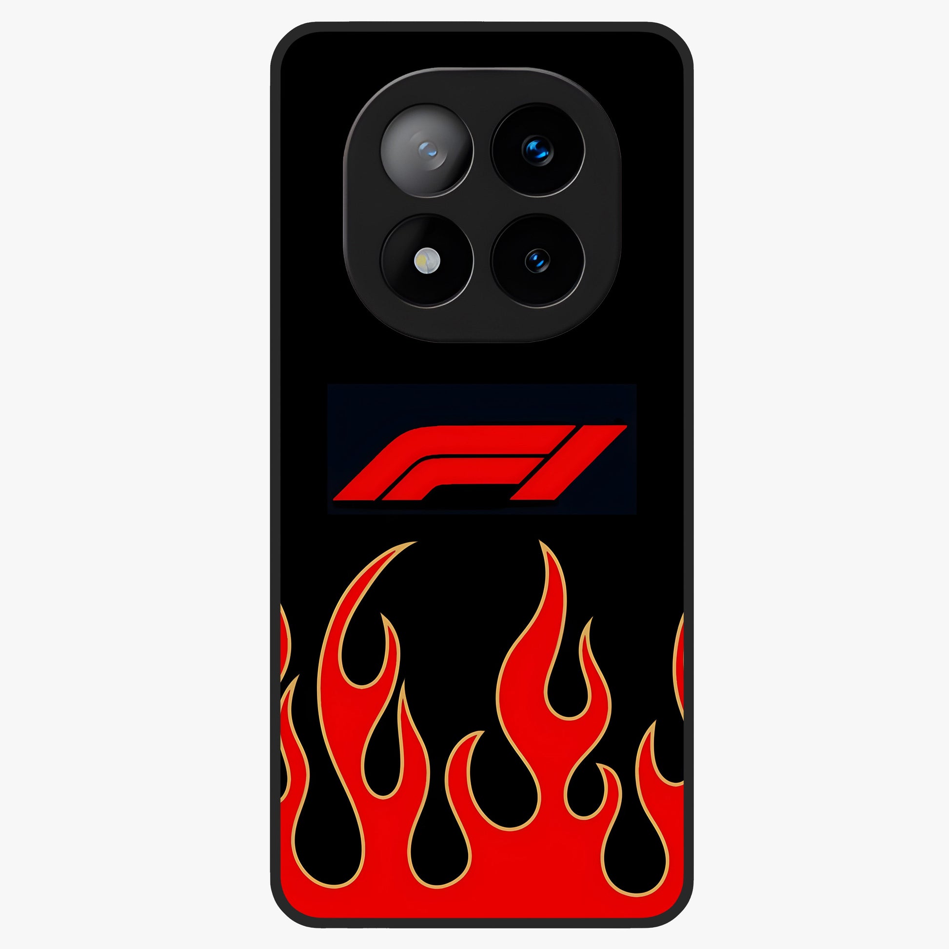 Fire F11 Glass Case showing flat back view with fiery themed artwork and glossy glass finish.