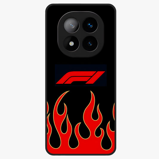 Fire F11 Glass Case showing flat back view with fiery themed artwork and glossy glass finish.