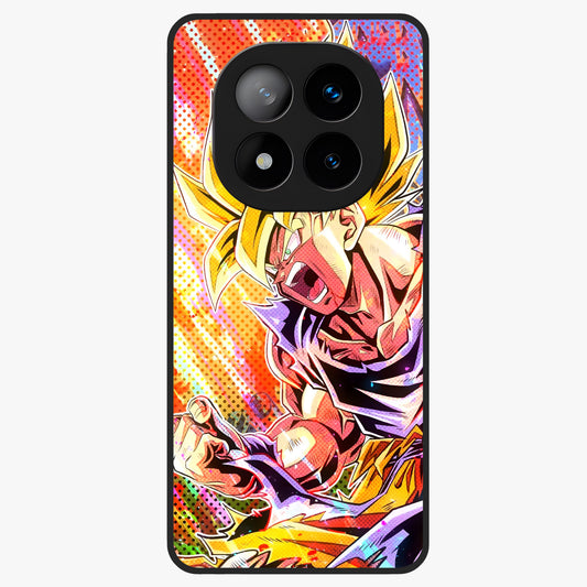Firing Goku Glass Case showing flat back view with powerful anime inspired artwork and glossy glass finish.