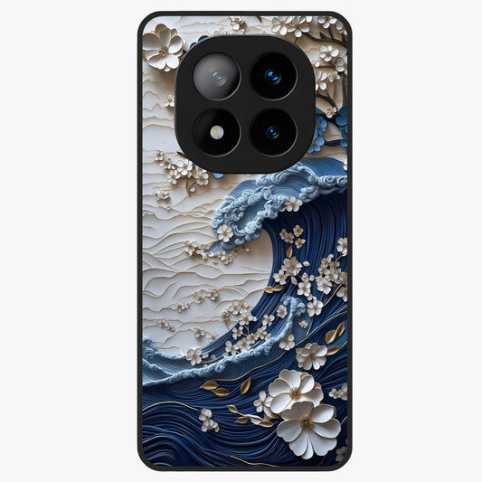 Floral Wave Origami Glass Case showing flat back view with origami inspired floral wave artwork and glossy glass finish.