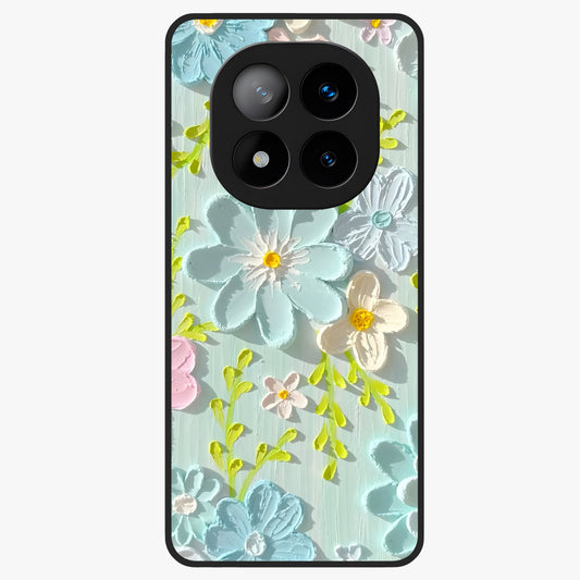 Frosted Petal Garden Glass Case showing flat back view with soft frosted floral artwork and glossy glass finish.