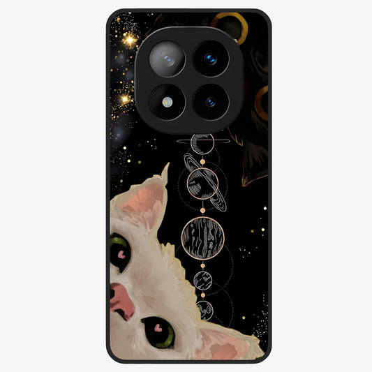 Galactic Cat Glass Case showing flat back view with cosmic cat artwork and glossy glass finish.