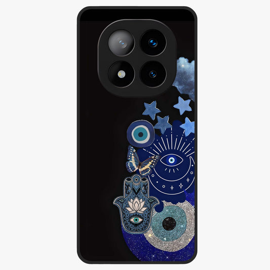 Galactic Charm Cluster Glass Case showing flat back view with glowing celestial charm artwork and glossy glass finish.