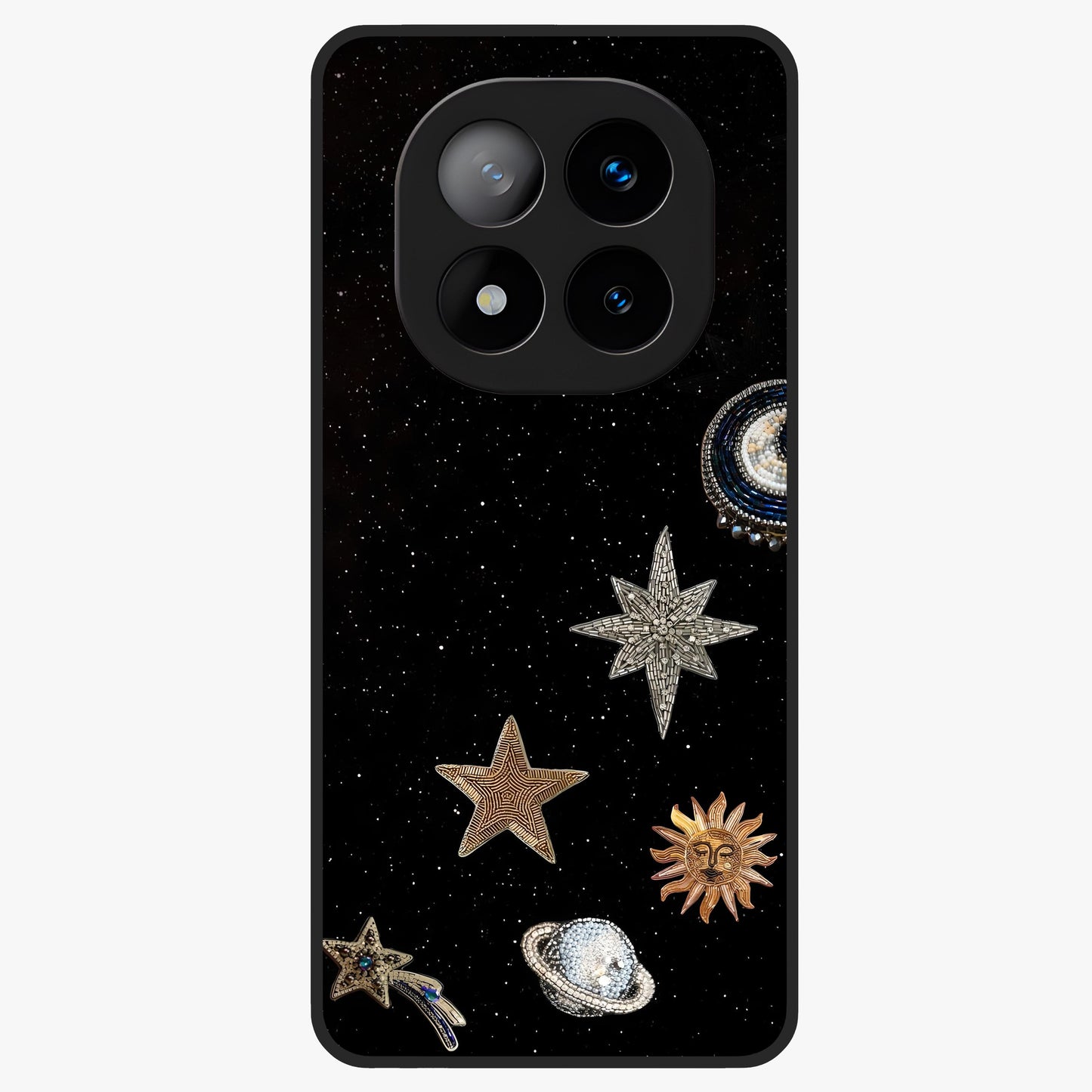 Galactic Charm Glow Glass Case showing flat back view with glowing celestial charm artwork and glossy glass finish.