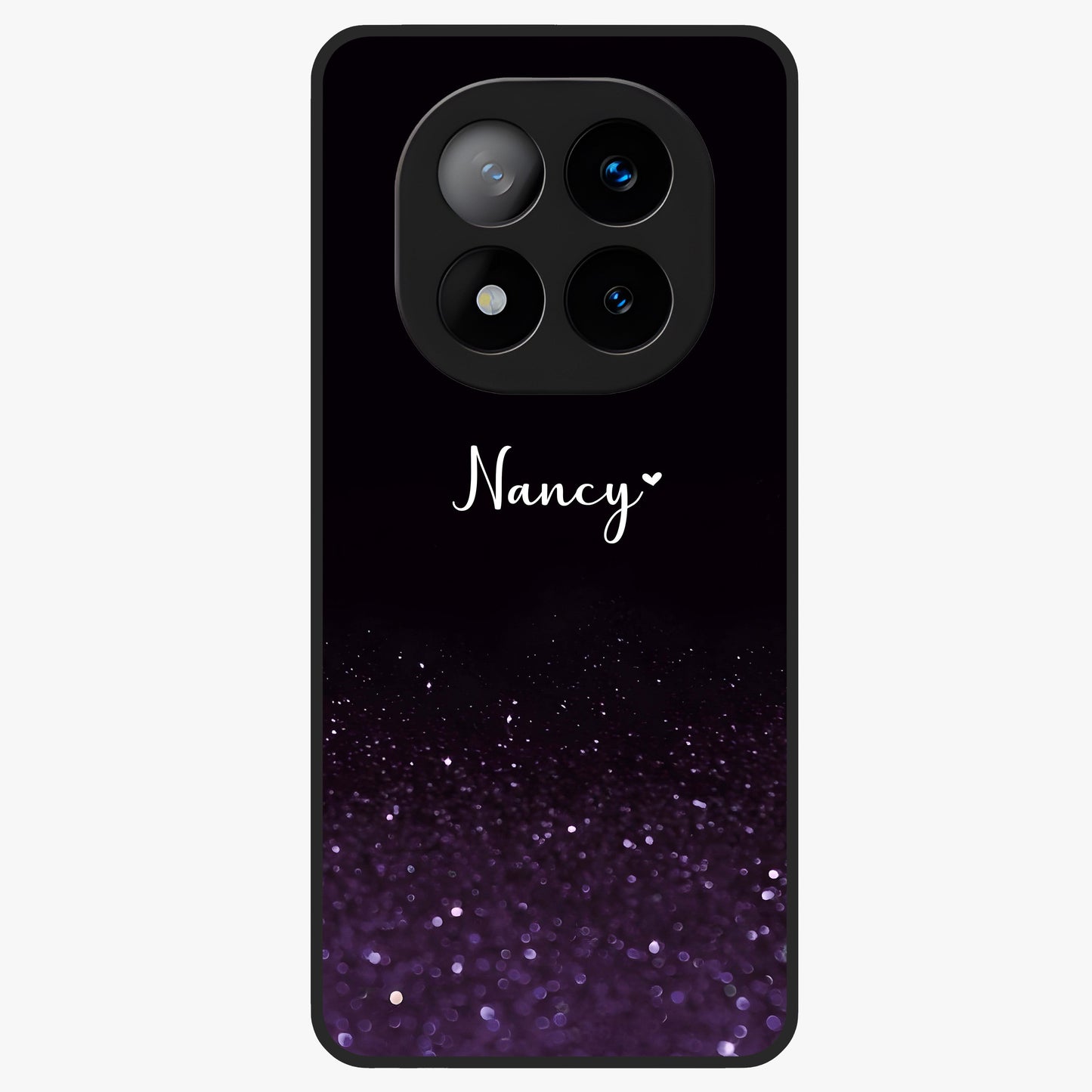 Glittery Purple Bokeh Custom Name Glass Case showing flat back view with purple bokeh sparkle artwork and personalized name design.
