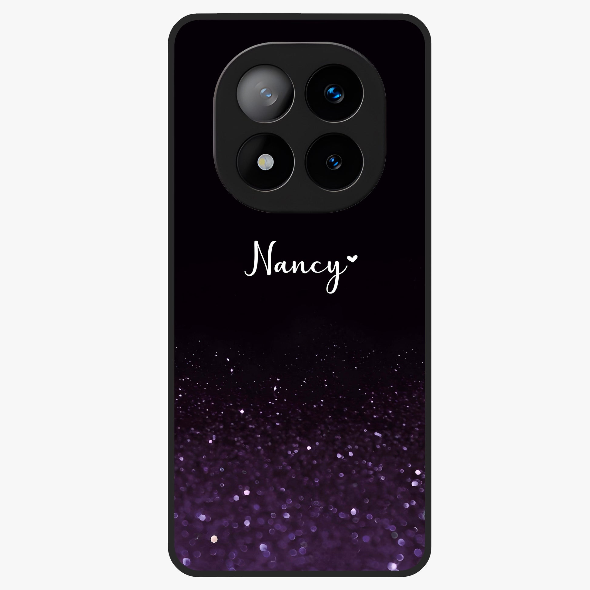 Glittery Purple Bokeh Custom Name Glass Case showing flat back view with purple bokeh sparkle artwork and personalized name design.