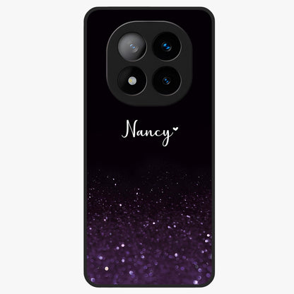 Glittery Purple Bokeh Custom Name Glass Case showing flat back view with purple bokeh sparkle artwork and personalized name design.