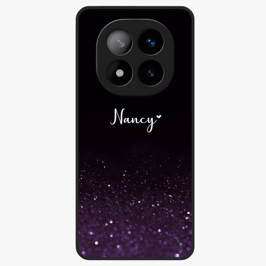 Glittery Purple Bokeh Custom Name Glass Case showing flat back view with purple bokeh sparkle artwork and personalized name design.