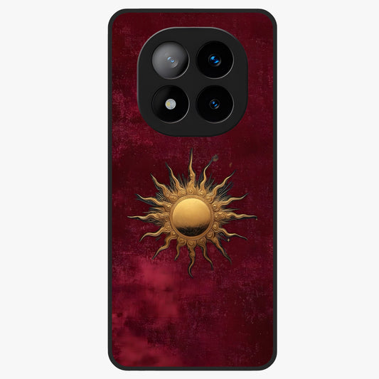 Gold Sun Blush Glass Case showing flat back view with golden sun inspired artwork and glossy glass finish.