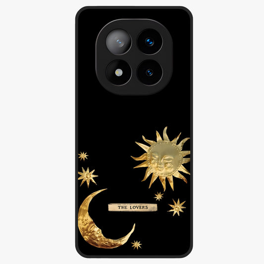 Golden Celestial Charm Glass Case showing flat back view with golden celestial charm artwork and glossy glass finish.