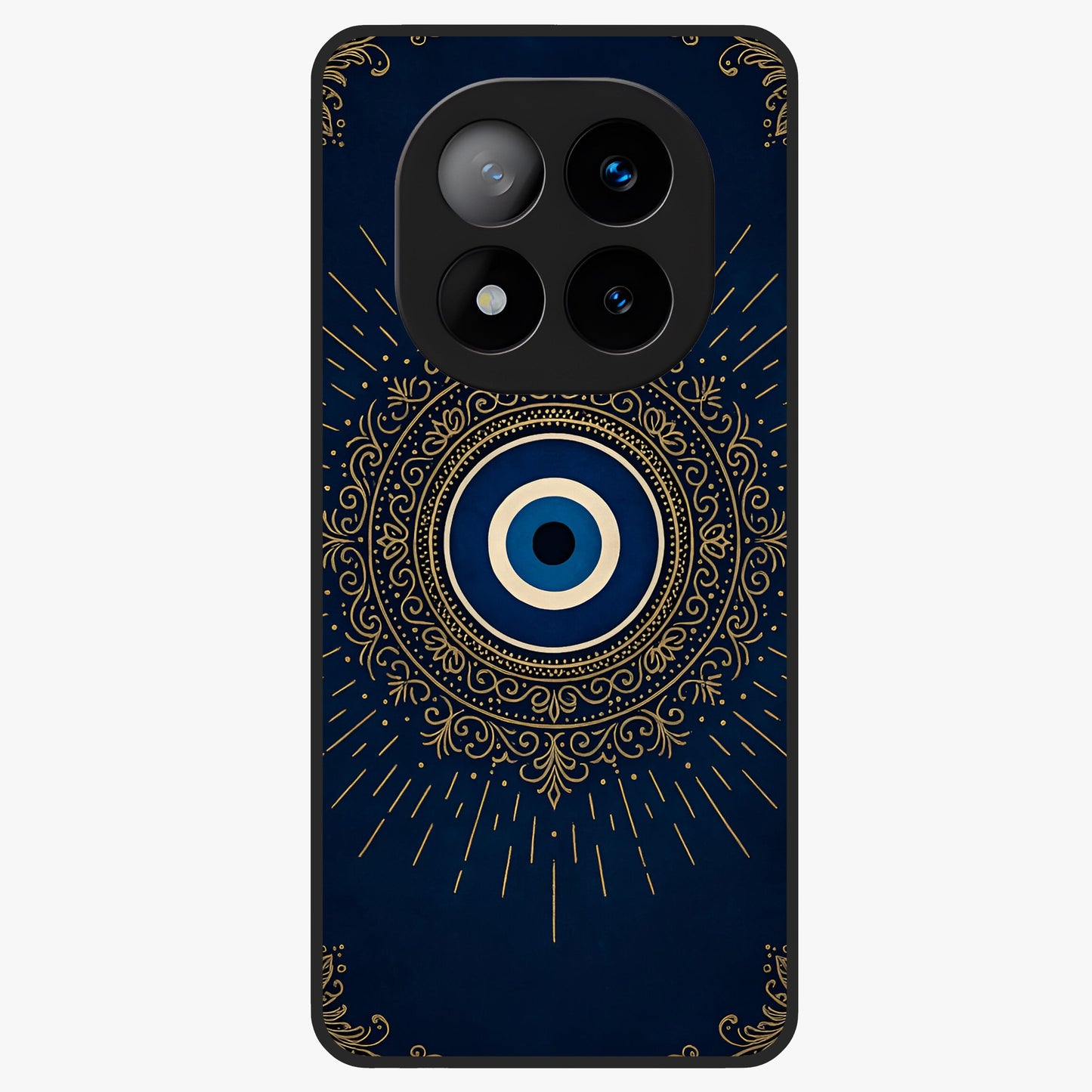 Golden Evil Eye Mandala Glass Case showing flat back view with intricate evil eye mandala artwork and glossy glass finish.