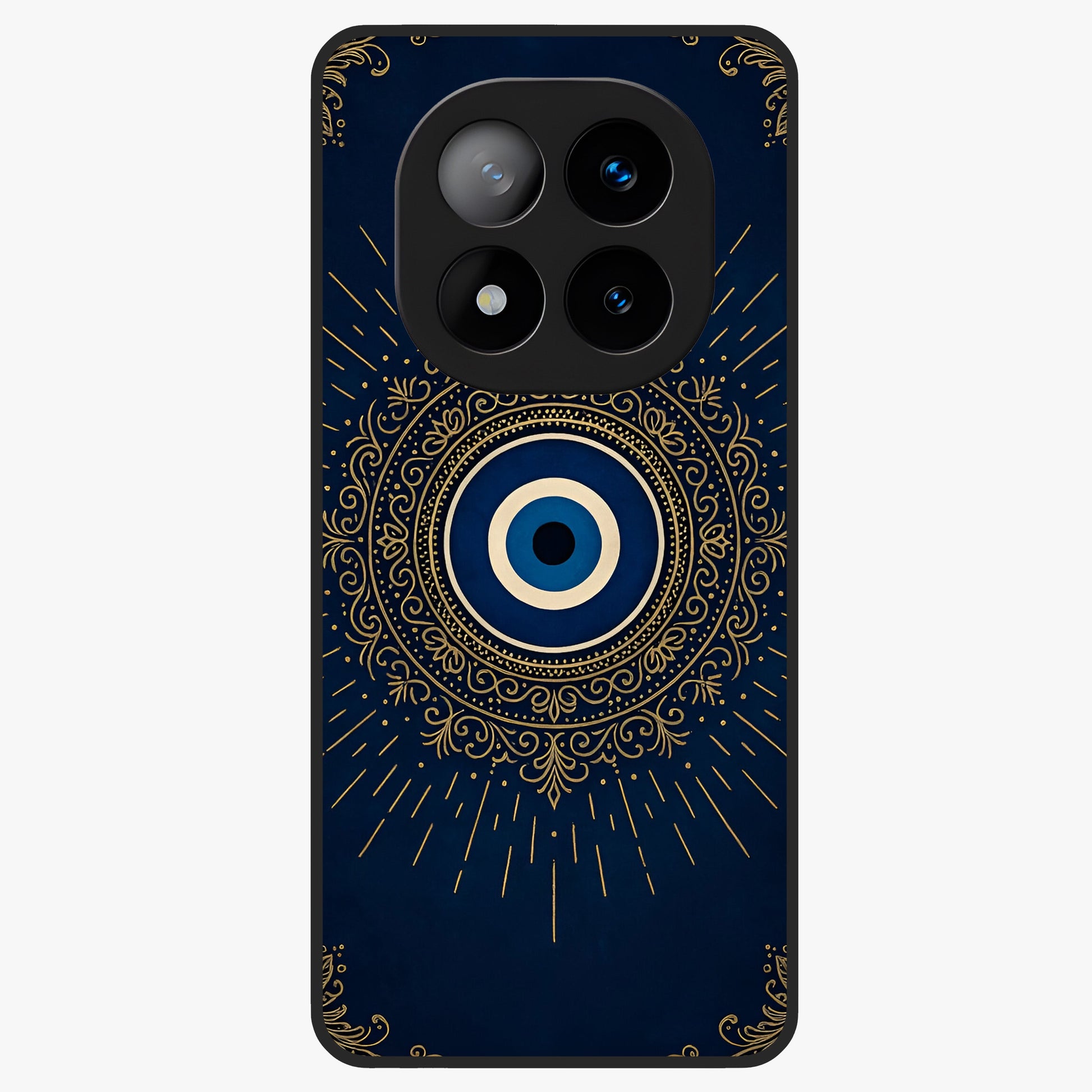 Golden Evil Eye Mandala Glass Case showing flat back view with intricate evil eye mandala artwork and glossy glass finish.
