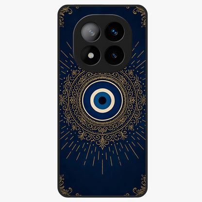 Golden Evil Eye Mandala Glass Case showing flat back view with intricate evil eye mandala artwork and glossy glass finish.