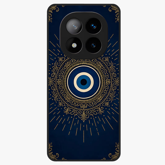 Golden Evil Eye Mandala Glass Case showing flat back view with intricate evil eye mandala artwork and glossy glass finish.