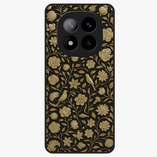 Golden Floral Majesty Glass Case showing flat back view with luxurious golden floral artwork and glossy glass finish.