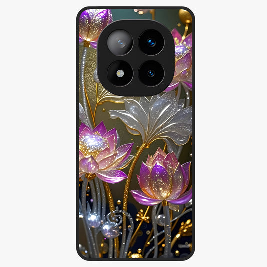 Golden Lotus Glow Glass Case showing flat back view with glowing lotus flower artwork and glossy glass finish.