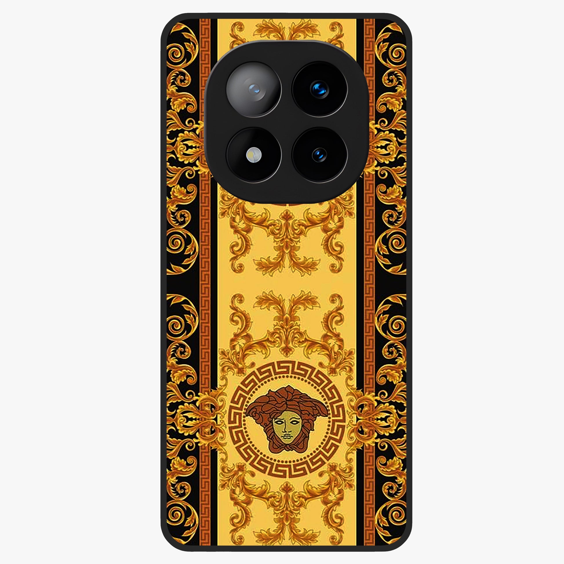 Golden Royal Heritage Glass Case showing flat back view with ornate royal pattern artwork and glossy glass finish.