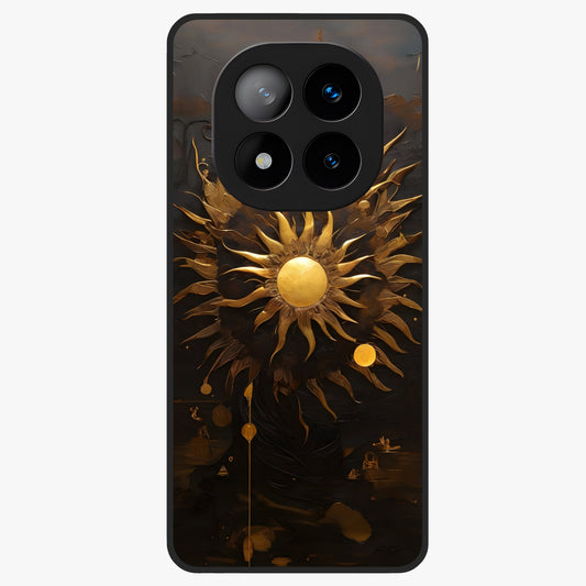 Golden Sun Majesty Glass Case showing flat back view with radiant golden sun artwork and glossy glass finish.