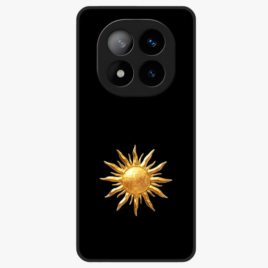 Golden Sun Minimalism Glass Case showing flat back view with minimal golden sun artwork and glossy glass finish.