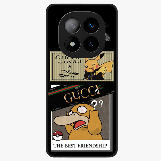 Gucci Play Mashup Glass Case showing flat back view with luxury inspired graphic artwork and glossy glass finish.