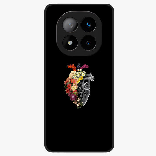 Heart With Flowers Glass Case showing flat back view with heart shaped floral artwork and glossy glass finish.