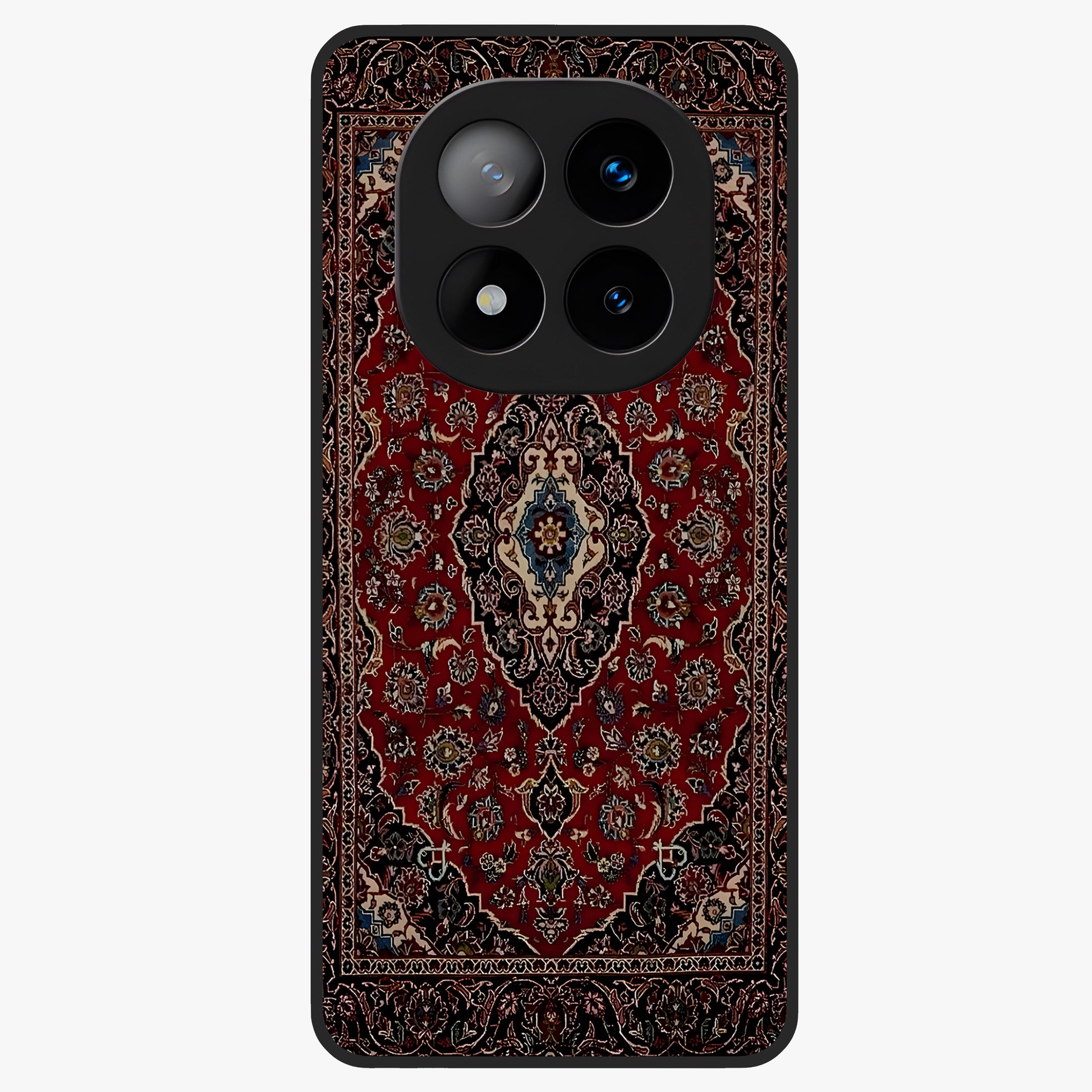 Heritage Carpet Royale Glass Case showing flat back view with ornate Persian carpet inspired pattern and glossy glass finish.