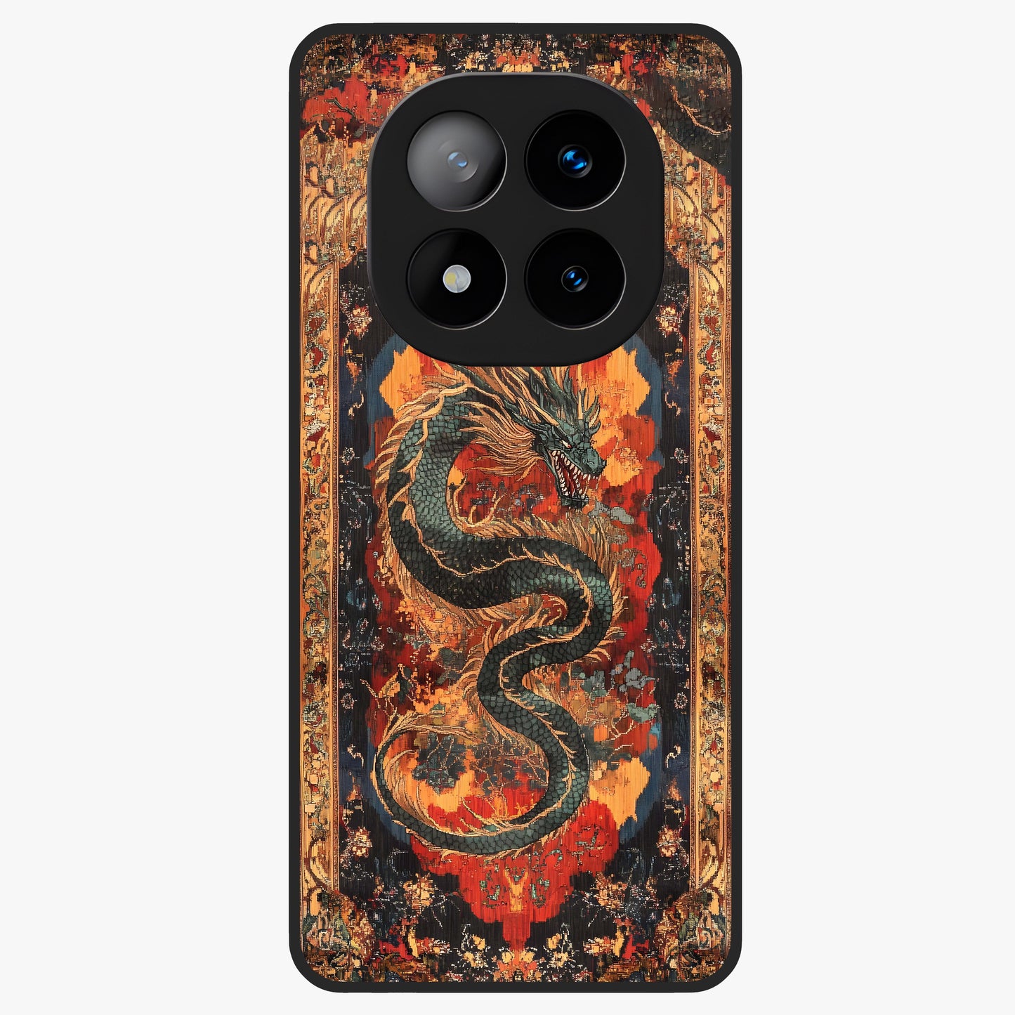 Inferno Dragon Soul Glass Case showing flat back view with fiery dragon artwork and glossy glass finish.