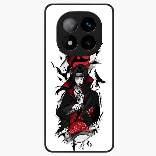 Itachi Sharingan Glass Case showing flat back view with powerful anime eye artwork and glossy glass finish.