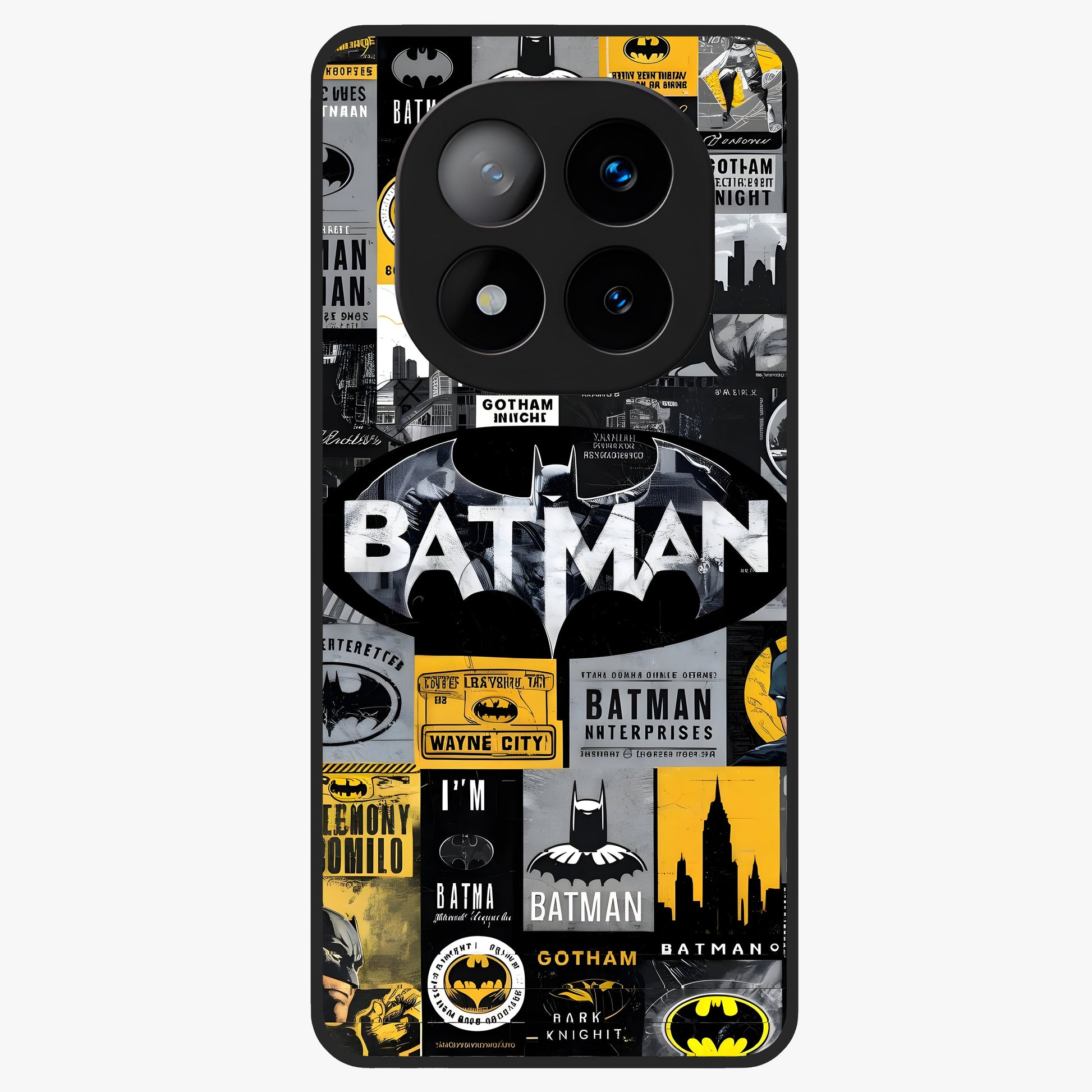 Knight Gotham Rise Glass Case showing flat back view with dark hero inspired artwork and glossy glass finish.