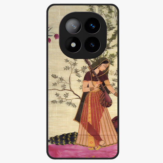 Lady With Veena Art Glass Case showing flat back view with elegant woman playing veena artwork and glossy glass finish.