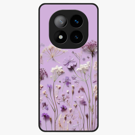 Lavender Blossom Dream Glass Case showing flat back view with soft lavender floral artwork and glossy glass finish.