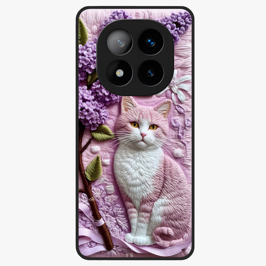 Lavender Cat Whimsy Glass Case showing flat back view with cute lavender cat artwork and glossy glass finish.