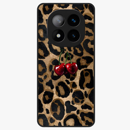 Leopard Wild Cherry Glass Case showing flat back view with leopard pattern and cherry artwork and glossy glass finish.