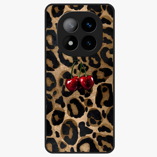 Leopard Wild Cherry Glass Case showing flat back view with leopard pattern and cherry artwork and glossy glass finish.
