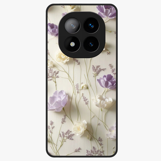 Lilac Breeze Harmony Glass Case showing flat back view with soft lilac themed artwork and glossy glass finish.