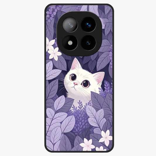 Lilac Hide Peek Cat Glass Case showing flat back view with cute peeking cat artwork and glossy glass finish.