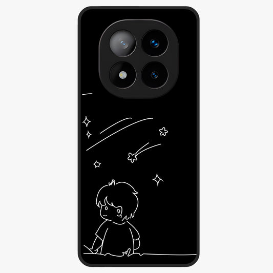 Line Art Boy With Shooting Stars Glass Case showing flat back view with minimal line art boy and shooting stars illustration and glossy glass finish.