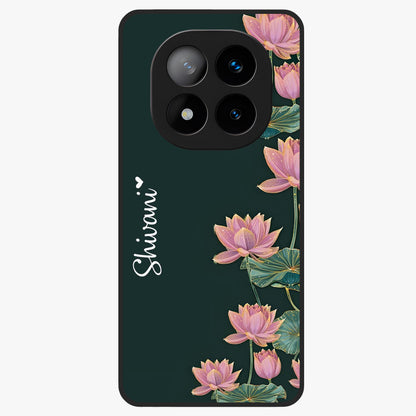 Lotus Bloom Serenity Custom Name Glass Case showing flat back view with elegant lotus flower artwork and personalized name design.