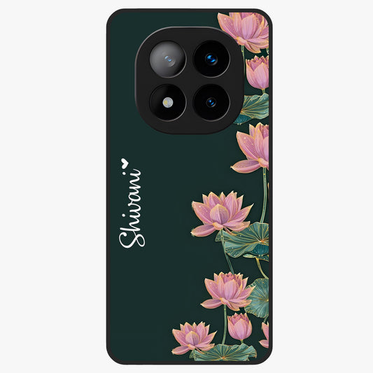 Lotus Bloom Serenity Custom Name Glass Case showing flat back view with elegant lotus flower artwork and personalized name design.