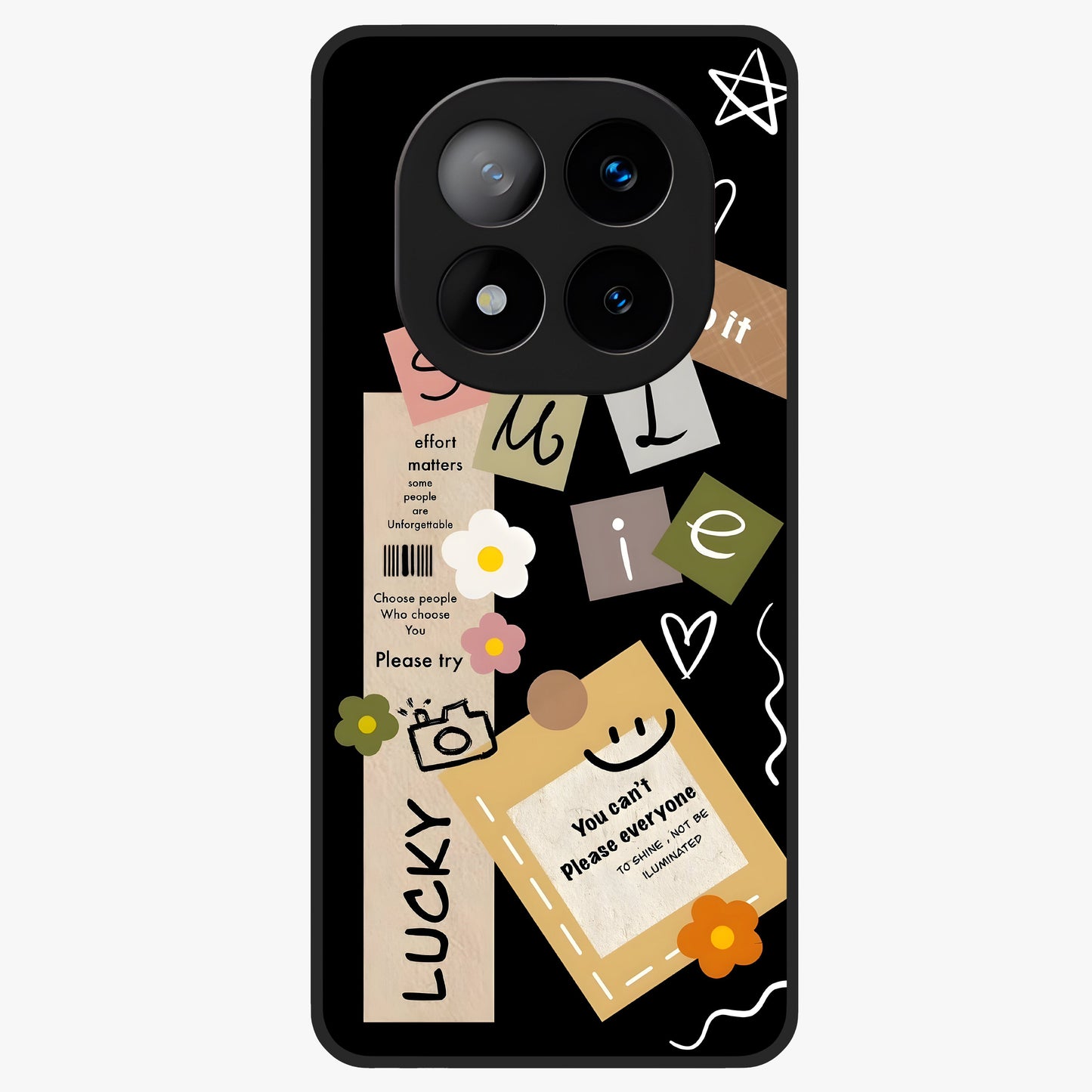 Lucky Aesthetic Collage Glass Case showing flat back view with trendy aesthetic collage artwork and glossy glass finish.