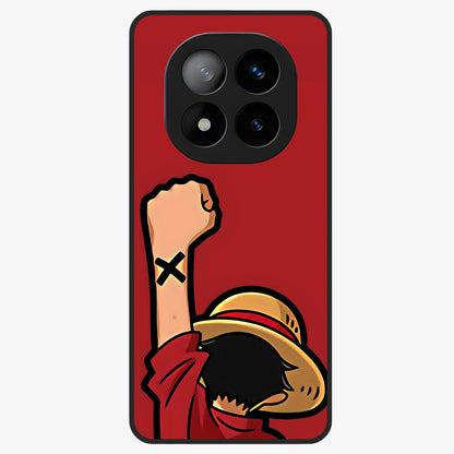 Luffy X Spirit Glass Case showing flat back view with bold anime character artwork and glossy glass finish.