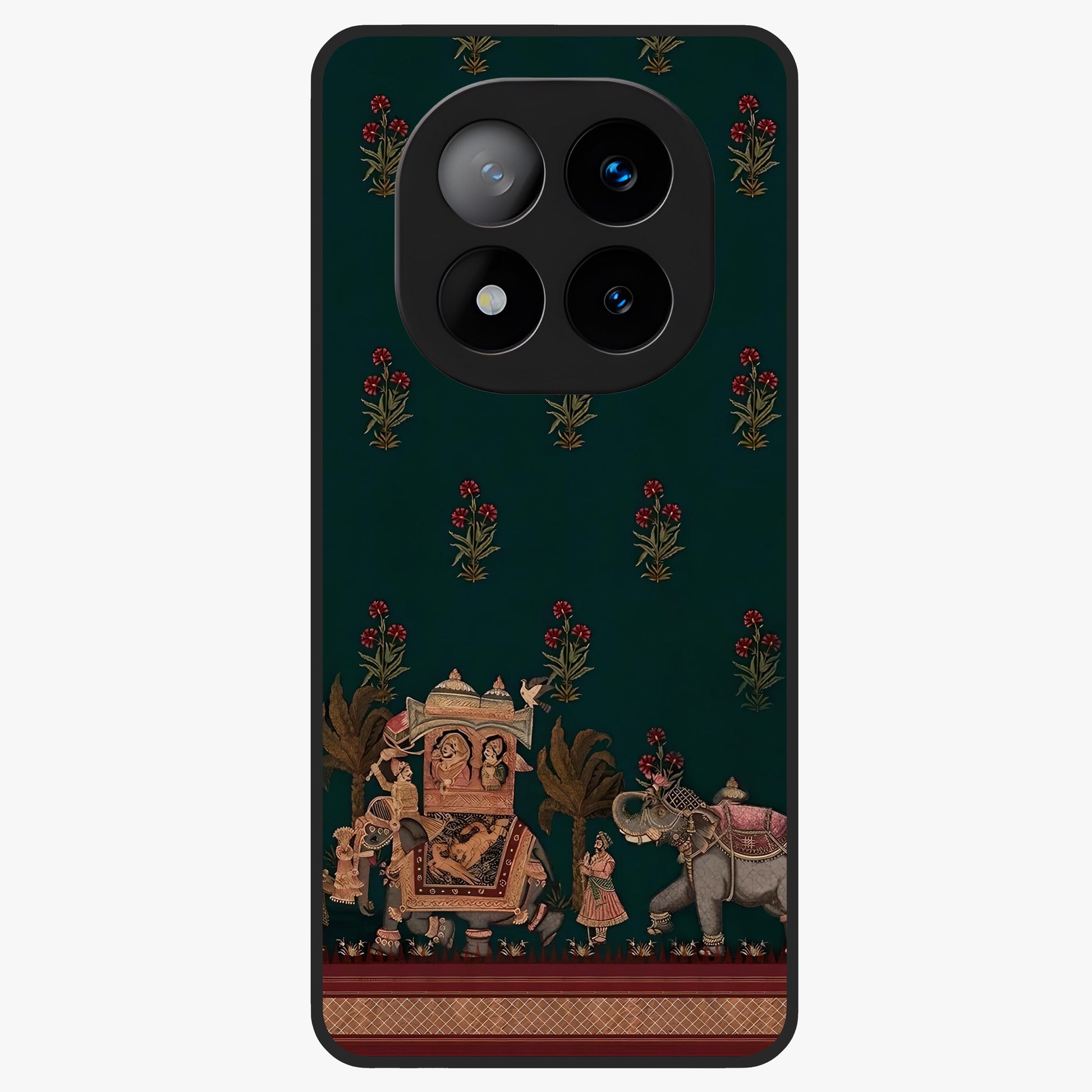 Macmerise Glass Case showing flat back view with stylish modern artwork and glossy glass finish.