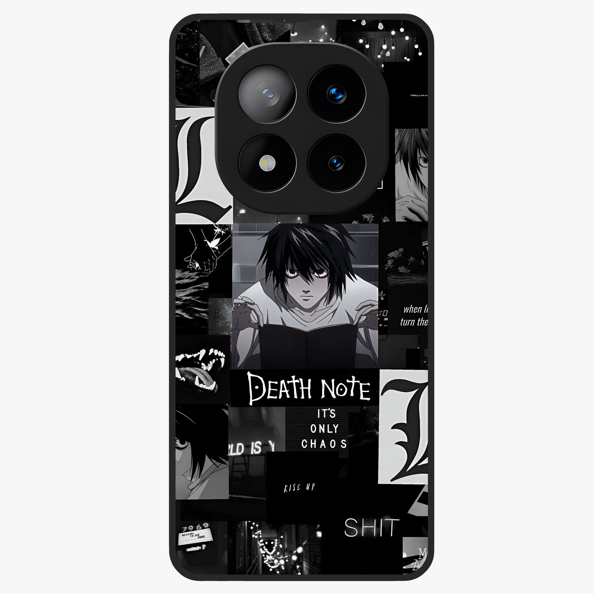 Midnight Chaos Mind Glass Case showing flat back view with abstract dark themed artwork and glossy glass finish.