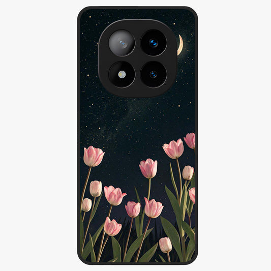 Midnight Tulip Whispers Vibe Glass Case showing flat back view with elegant tulip flower artwork and glossy glass finish.