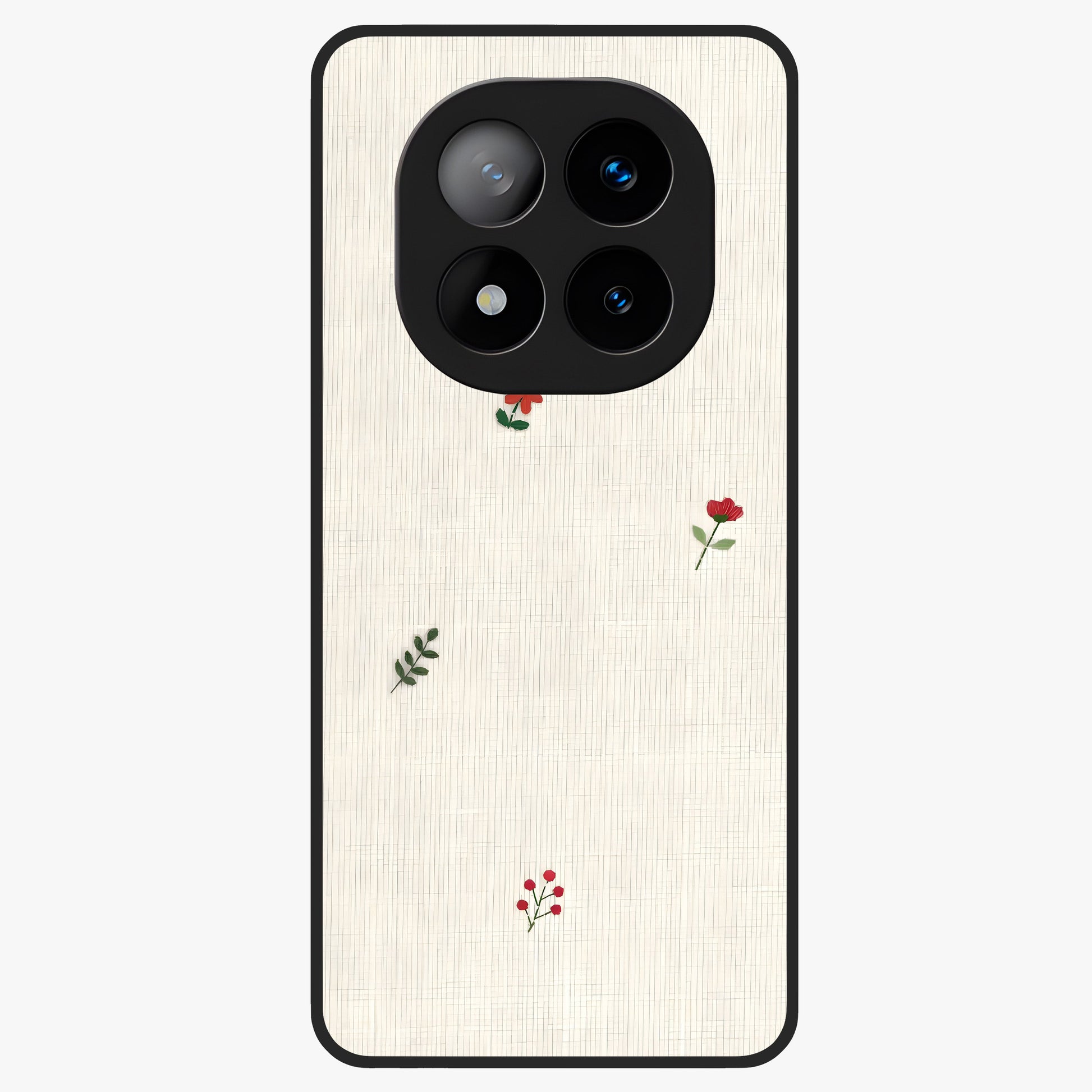 Minimal Petal Whispers Glass Case showing flat back view with soft minimal floral artwork and glossy glass finish.
