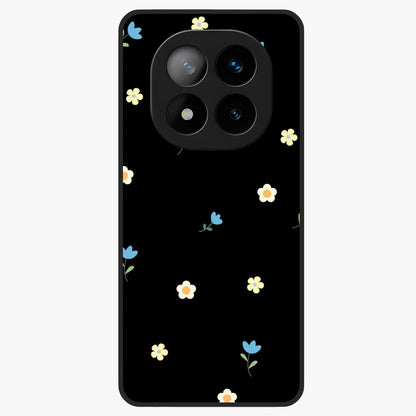 Minimalistic Blue With White Flower Pattern Glass Case showing flat back view with blue background and white flower pattern and glossy glass finish.