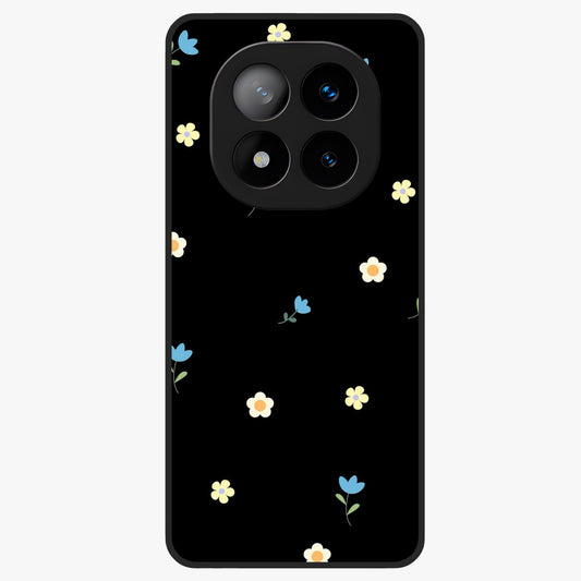 Minimalistic Blue With White Flower Pattern Glass Case showing flat back view with blue background and white flower pattern and glossy glass finish.