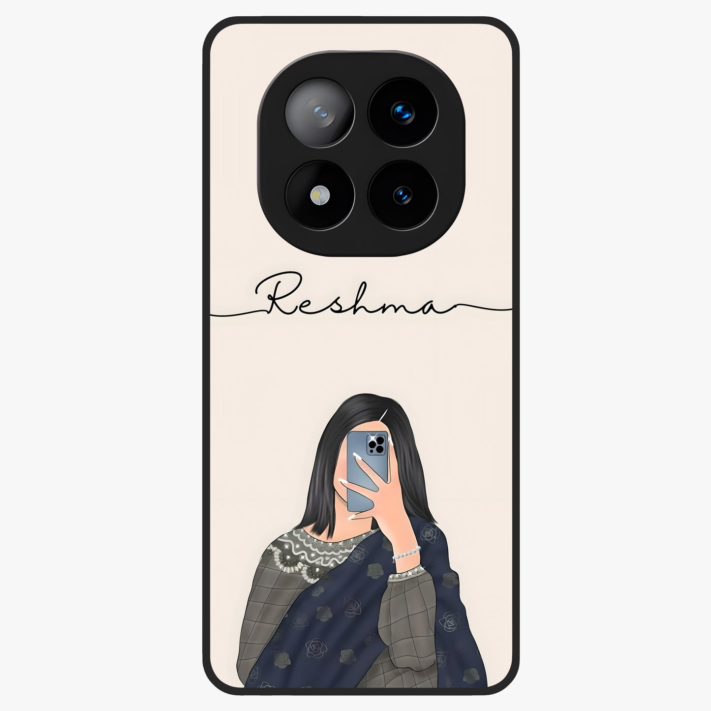 Mirror Mood Muse With Custom Name Glass Case showing flat back view with stylish mirrored artwork and personalized name design.