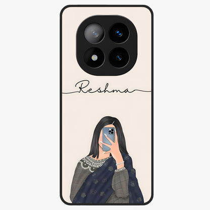 Mirror Mood Muse With Custom Name Glass Case showing flat back view with stylish mirrored artwork and personalized name design.