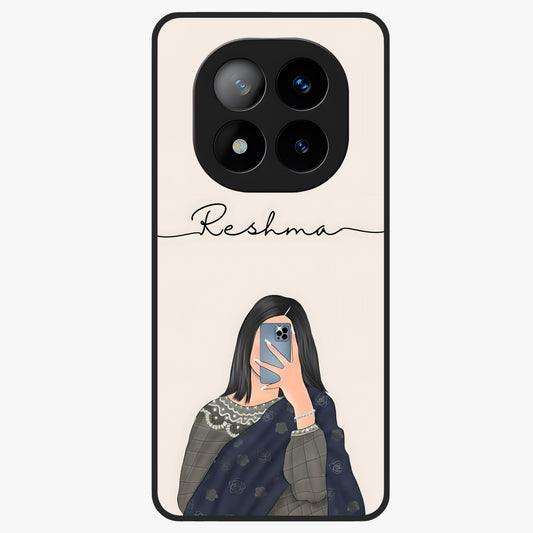 Mirror Mood Muse With Custom Name Glass Case showing flat back view with stylish mirrored artwork and personalized name design.